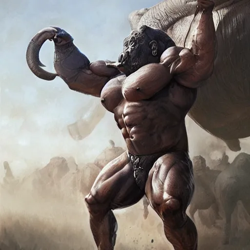 Image similar to a commission of a muscular athropomorphic half human half elephant,digital art,art by greg rutkowski,charles bowater,ross tran,hyperdetailed,detailed face,photorealistic,professional lightimg,dramatic,cool,award winning,2022,victorian,trevor henderson