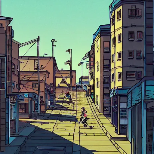 Image similar to city street, sloped street, city on tall hillside, street scene, rollerbladers grinding on rails, skaters, rollerskaters, cel - shading, 2 0 0 1 anime, flcl, jet set radio future, golden hour, japanese town, concentrated buildings, japanese neighborhood, electrical wires, cel - shaded, strong shadows, vivid hues, y 2 k aesthetic