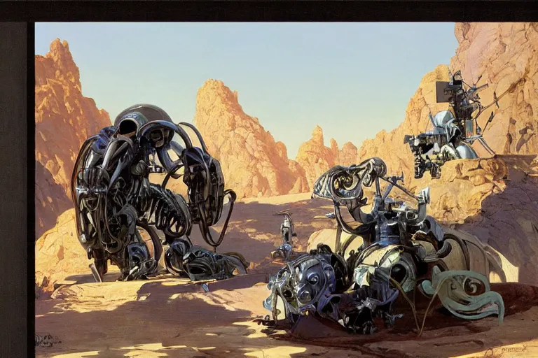 Image similar to natural landscape | robot repairing another robot, painting by syd mead and weta studio, alphonso mucha, james jean, frank frazetta, highly detailed, rule of third, soft lighting, 8 k resolution, oil on canvas, architectural magazine, beautiful detailed, insanely intricate details, artstation trending, hypermaximalistic, high details, cinematic