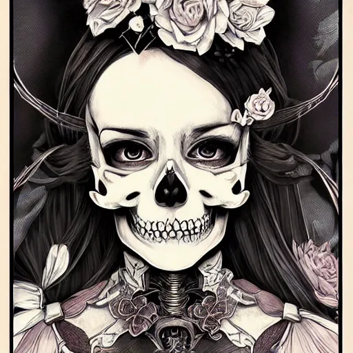 Prompt: anime manga skull portrait young woman, alice in wonderland, Disney, skeleton, intricate, elegant, highly detailed, digital art, ffffound, art by JC Leyendecker and sachin teng