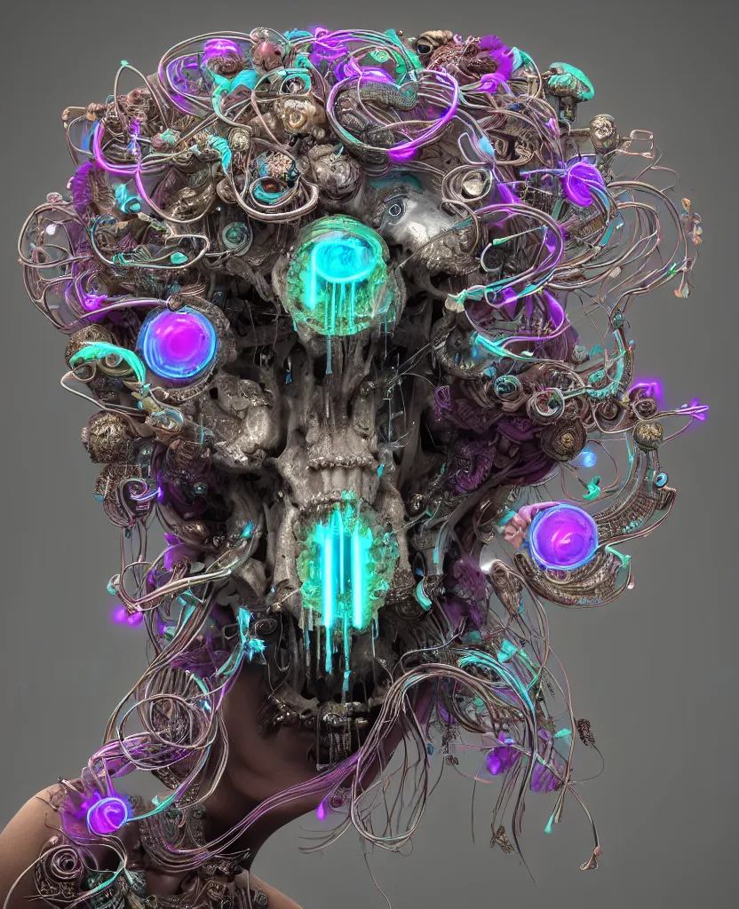 Image similar to goddess princess face close-up portrait ram skull. sculpture made of neon lamps and metal. jellyfish phoenix head, nautilus, orchid, skull, betta fish, bioluminiscent creatures, intricate artwork by Tooth Wu and wlop and beeple. octane render, trending on artstation, greg rutkowski very coherent symmetrical artwork. cinematic, hyper realism, high detail, octane render, 8k