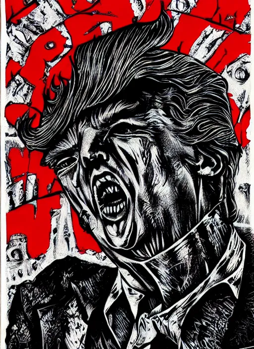 Image similar to Donald Trump's disgusting true form on a 1990s horror movie poster, inking, vintage 90s print, detailed, scary, horror, screen print, trending on artstation