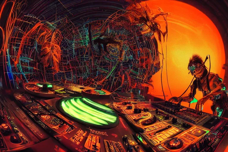 Prompt: a fisheye lens photo of a post apocalyptic tribal neon cyborg dj tweaking and playing synthesizers in the most complicated and technical spiral fractal musical studio, powerful, cinematic, beautifully lit, by donato giancola, by artgerm, by karol bak, 3 d, perfect face and body, trending on artstation, octane render, 8 k
