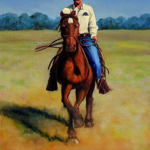 Image similar to a painting of a cowboy on horseback by mark maggiori