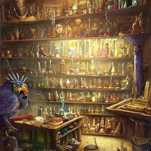 Image similar to Anthropomorphized parrot trader in his shop, art by Greg Rutkowski, shelves full, selling a gem, portrait, items, magic potions, weapons, arcana, carpet, window, fancy funny hat, sly expression , cunning expression, cute expression, presenting magic gem, D&D, fantasy, cinematic lighting, highly detailed, digital painting, artstation, concept art, smooth, sharp focus, illustration, warm light, cozy warm tint, magic the gathering artwork, volumetric lighting, 8k, no gold, no gold colours