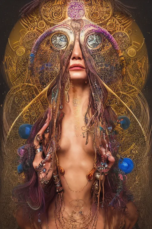 Prompt: a centered render of an mytical festival hippy with tribal tattoos wearing intricate metallic clothing surrounded by a underwater ink pour and flowing liquid gallium and sacred geometry, perfect body and face, gorgeous, cinematic, beautifully lit, by yoann lossel, by karol bak, by donato giancola, 3 d, trending on artstation, octane render, 8 k