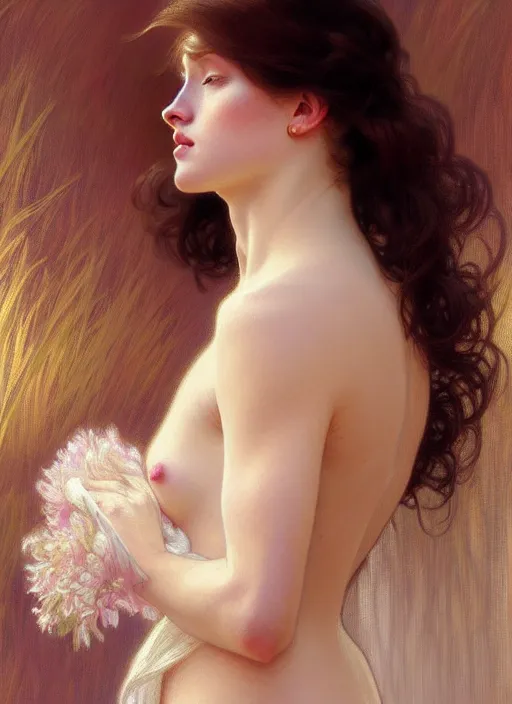 Prompt: painted portrait of a shy wife blessed by god to grow immaculately attractive and perfect. blonde, clothed holy body, light effect. modern fantasy, feminine, fertile, in clothes! highly detailed, intricate, elegant, fertility, concept art, digital painting, artstation, smooth, sharp focus, illustration, art by gaston bussiere and alphonse mucha