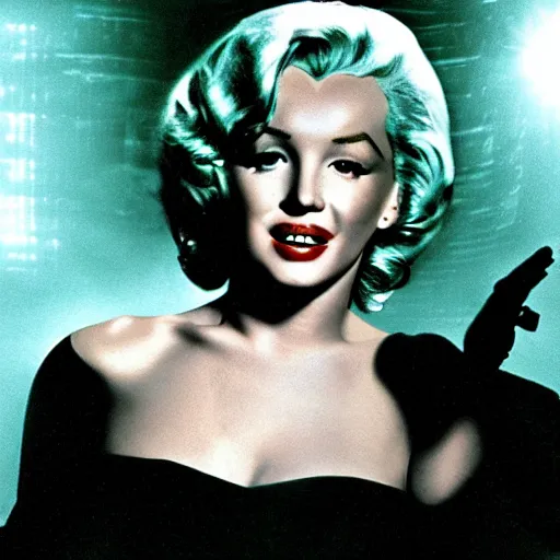 Prompt: high resolution, detailed photograph of Marylin Monroe as Trinity in the movie Matrix