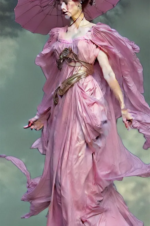 Prompt: woman dressed in a vaporous wrapped large victorian pink roses silk semi-transparent dress fashion is running D&D, fantasy, intricate, elegant, highly detailed, digital painting, artstation, concept art, matte, sharp focus, illustration, art by Artgerm and Greg Rutkowski and Alphonse Mucha