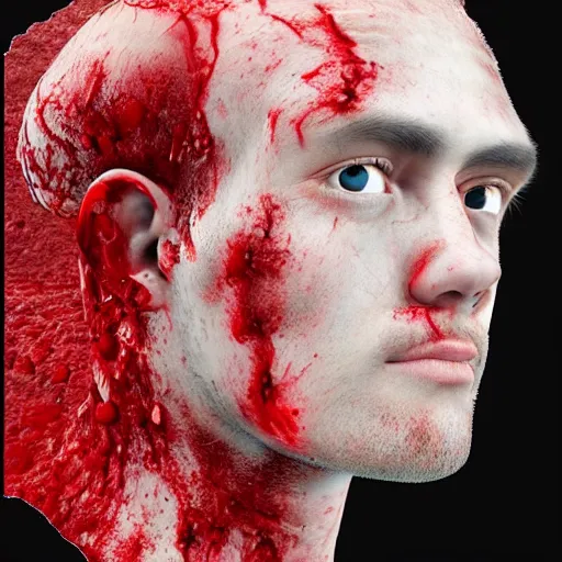 Prompt: hyper realistic photo of a human head, blood oozing down the side