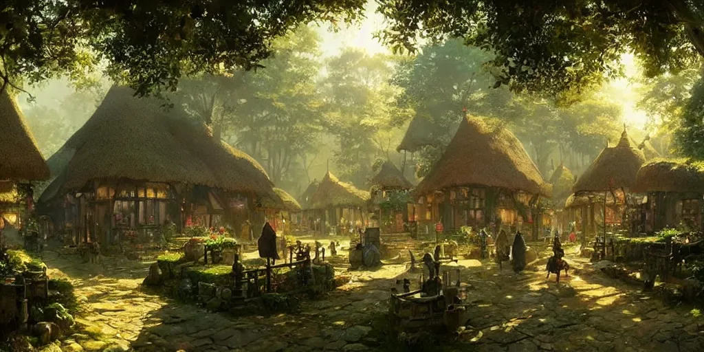 Prompt: a cozy fantasy village in a shaded forest, marketplace, thatched houses, yellow and greens, sun rays, peaceful greg rutkowski