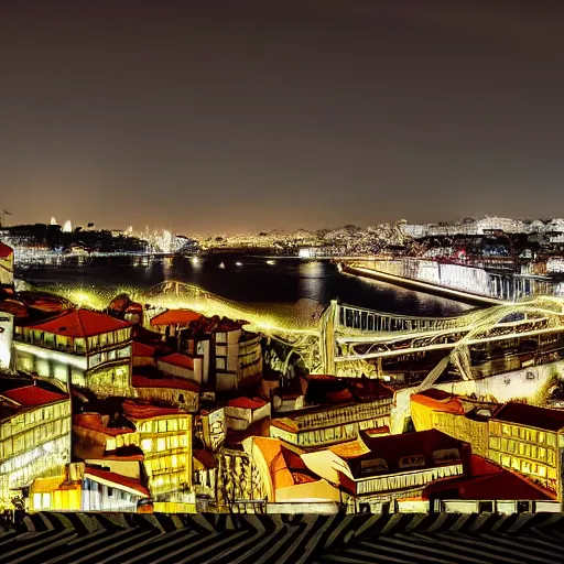 Prompt: of panorama view of the city of porto. cinematic view. anamorphic lens, night lights. sharp focus