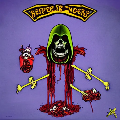 Image similar to grimace reaper, blood and nuggets fast food death metal album cover