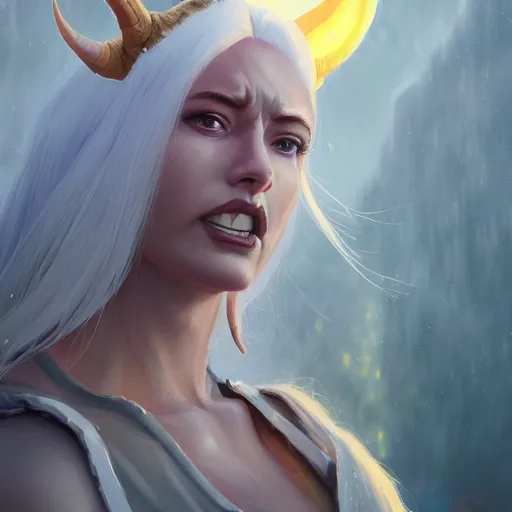 Image similar to dwayne johnson as a pale demoness with white hair, yellow eyes and horns wearing sweater and overalls on top. highly detailed, digital painting, artstation, matte, by makoto shinkai, animation style