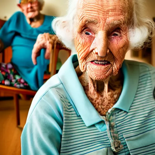 Prompt: photography of old people with highly detailed faces raving in retirement home in style of Alexis Dibiasio.