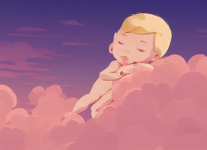 Prompt: a newborn baby with blonde hair lying on a cloud in front of a pink and blue sunrise sky. clean cel shaded vector art. shutterstock. behance hd by lois van baarle, artgerm, helen huang, by makoto shinkai and ilya kuvshinov, rossdraws, illustration, art by ilya kuvshinov