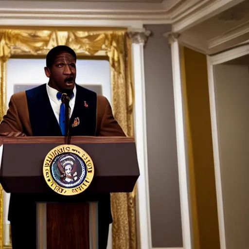 Image similar to president camacho from idiocracy standing at a podium at the whitehouse press room, portrait photography, 8 k, movie still