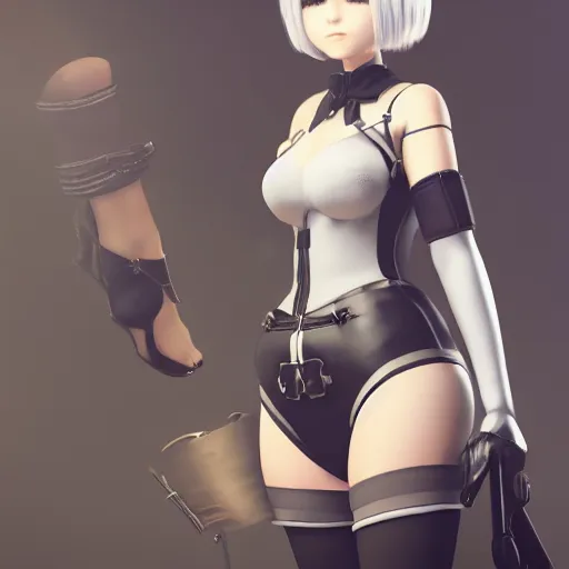 Prompt: 2B from nier automata wearing short clothes with thick thighs and a big chest, 4k, unreal engine render, trending in artstation, artstationHD, artstationHQ