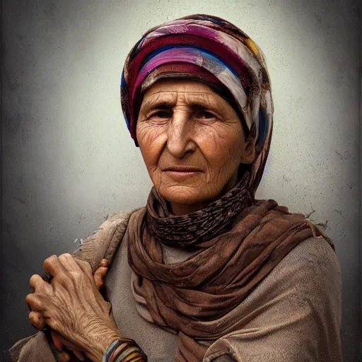 Image similar to hyperrealistic mixed media high resolution image of a beautiful Kurdish grandmother, stunning 3d render inspired art by István Sándorfi and Greg Rutkowski and Unreal Engine, perfect symmetry, dim volumetric lighting, 8k octane beautifully detailed render, post-processing, extremely hyper-detailed, intricate, epic composition, highly detailed attributes, highly detailed atmosphere, full body shot, cinematic lighting, masterpiece, trending on artstation, very very detailed, masterpiece, stunning, flawless structure, lifelike texture, perfection,