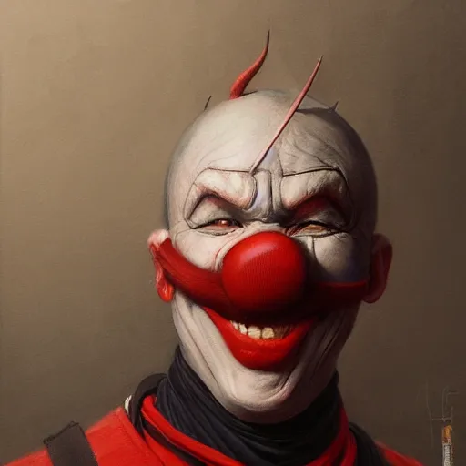 Prompt: portrait of a ninja clown, detailed, centered, digital painting, artstation, concept art, by donato giancola, Sean Yoro, Greg Rutkowski, trending on Artstation, Joseph Christian Leyendecker, WLOP, Boris Vallejo, dark, moody, foggy