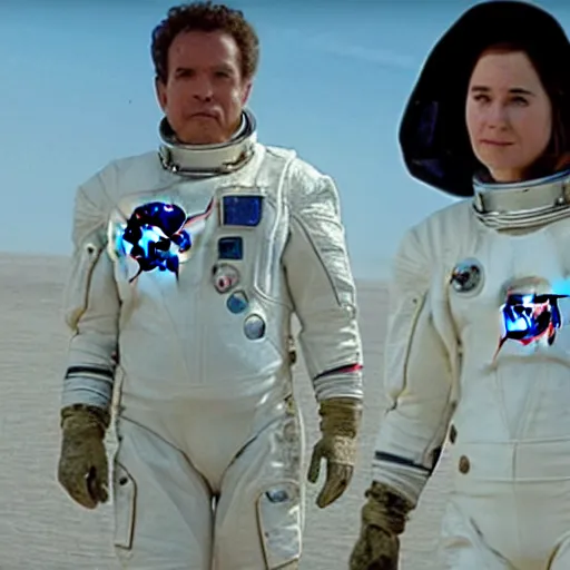 Image similar to katherine waterston wearing a nasa suit in the movie black rain, ultra detailed abandoned buildings under the sand in night arrakis desert, film still from the movie by alejandro jodorowsky with cinematography of christopher doyle, 8 k, unreal engine, art by todd mcfarlane and artgerm and greg rutkowski and alphonse mucha