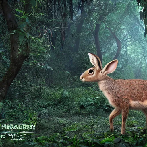Prompt: a rabbit-deer hybrid from the future in a luxuriant jungle, highly detailed, octane render