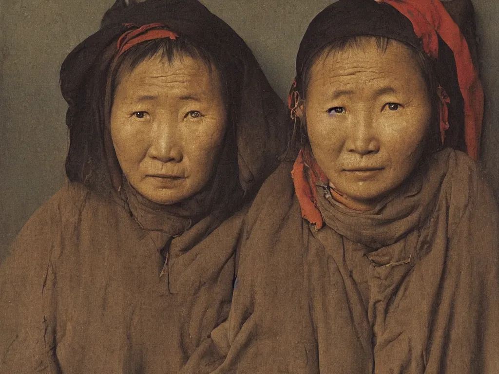 Image similar to portrait of a sad Mongolian street woman. Painting by Jan van Eyck, August Sander.