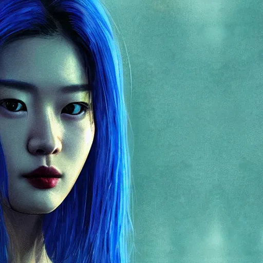 Prompt: a film still of jun ji hyun in bladerunner 2 0 4 9 in the rain with blue hair, cute - fine - face, pretty face, cyberpunk art by sim sa - jeong, cgsociety, synchromism, detailed painting, glowing neon, digital illustration, perfect face, extremely fine details, realistic shaded lighting, dynamic colorful background