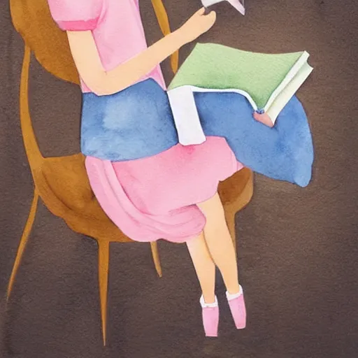 Prompt: watercolour painting, beige, pink, blue, pastel colors, of girl reading a book by emily winfield martin and mary blair, trending on society 6