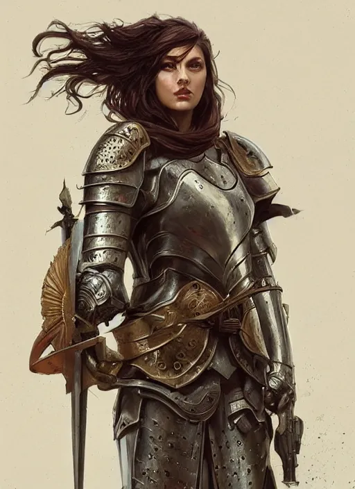 Image similar to portrait of a rugged female as a bruised knight with a shield and armor, fantasy, intricate, headshot, highly detailed, digital painting, artstation, concept art, sharp focus, cinematic lighting, illustration, art by artgerm and greg rutkowski, alphonse mucha, cgsociety