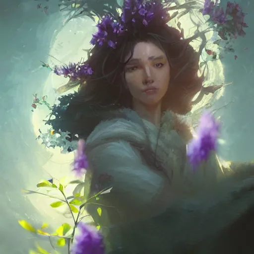 Prompt: female druid, floral explosion, radiant light, vortex of wisteria petals, oil painting, Tooth Wu, Greg Rutkowski, RPG portrait, dynamic lighting, fantasy art, High contrast, depth of field