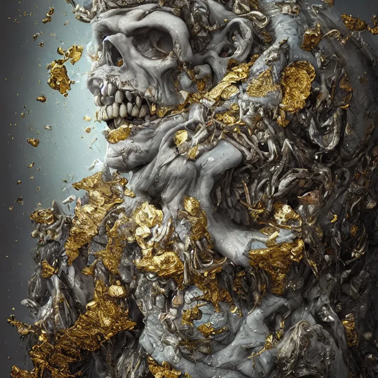 Image similar to A beautiful oil painting hyperrealism of a rotting zombie king made of marble stone, gold throne , grey beard, skull bones flowers, 8k resolution, octane render, Trending on artstation, by Gediminas Pranckevicius, volumetric light 2blue fractal Thunder glow by dan mumford, anaglyph effect, Laurie Lipton