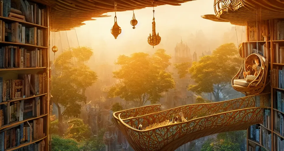 Image similar to A scene from a 2022 fantasy film featuring a cozy art nouveau reading nook inside a fantasy treehouse city. Suspended walkways. Disorganized ancient books. Golden Hour. 8K UHD.