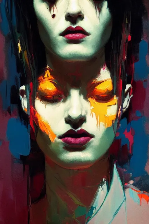 Image similar to portrait of a beautiful goth girl, complementary colors, beautiful face, rule of thirds, intricate outfit, spotlight, by greg rutkowski, by jeremy mann, by francoise nielly, by van gogh, digital painting