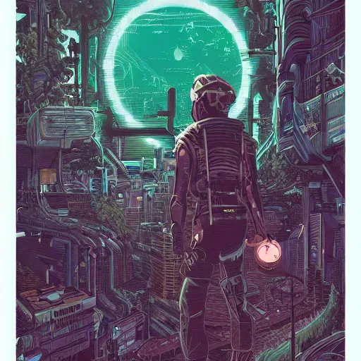 Image similar to Stunningly intricate illustration of single cyberpunk explorer overlooking lush forest, highly detailed, midnight, small glowing orbs by Josan Gonzalez and Dan Mumford , Moebius, Laurie Greasley