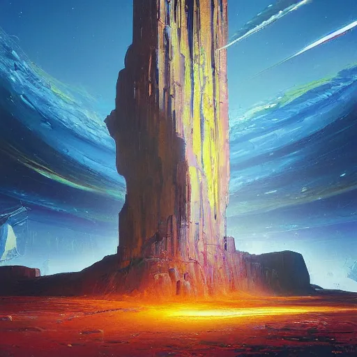 Prompt: a painting of a man standing in front of a giant monolith, poster art john berkey and simon stalenhag and gilbert williams, cgsociety, space art, lovecraftian, cosmic horror, poster art