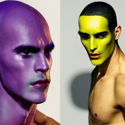 Prompt: a beautiful young athletic moroccan male characterized as an alien with yellow and purple ombre skin, the alien has tattoos, photographed by erwin olaf for a dune movie