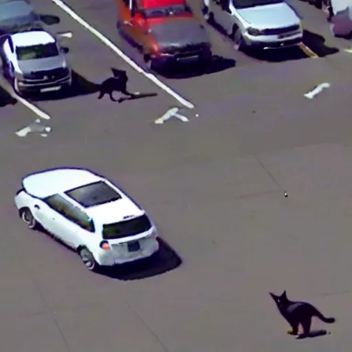 Prompt: cctv footage of fat cat in parking lot