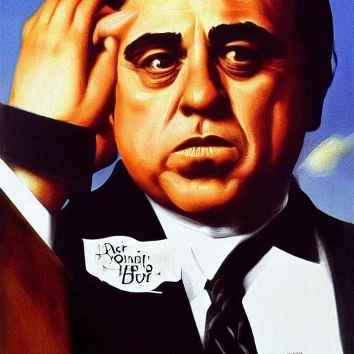 Prompt: Danny Devito as Don Corleone by Raphael, Hopper, and Rene Magritte. detailed, romantic, enchanting, trending on artstation.