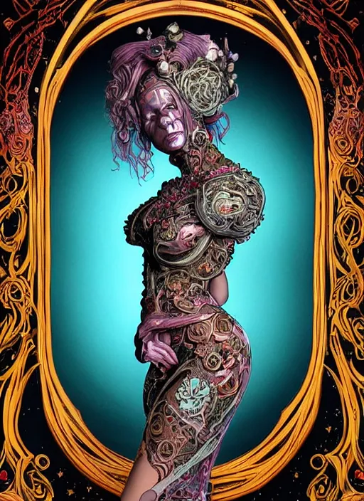 Image similar to gorgeous girl in a cosmic dress, full-body tattoos, ornate, rococo, grotesque, zbrush art, majestic, organics, silver filigree, colorful, dark fantasy, celtic knot, anatomical, HR, giger style, moebius, frank frazetta, ornate, art nouveau, symmetrical, turquoise jewelry, red smoke, roses, unbiased render, rotten, Emil melmoth, eerie, macabre, haunting, detailed and intricate, floral, faded pink, hypermaximalist, elegant, vintage, hyper realistic, super detailed, pastel colors, 8K, octane render, 8k