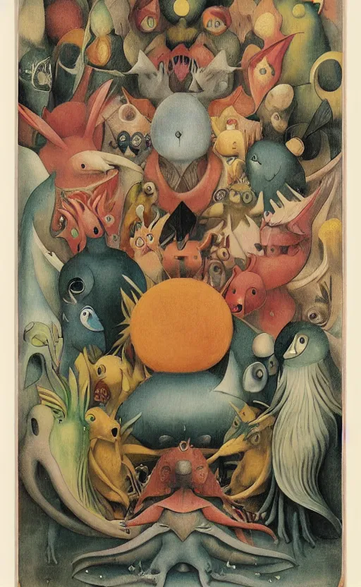 Prompt: an entirely new non-existing Pokemon, tarot card, beautiful frames, Leonora Carrington moebius Hieronymus Bosch Max Ernst dali Zdzisaw Beksiñski Roland Topor Henryk Plociennik