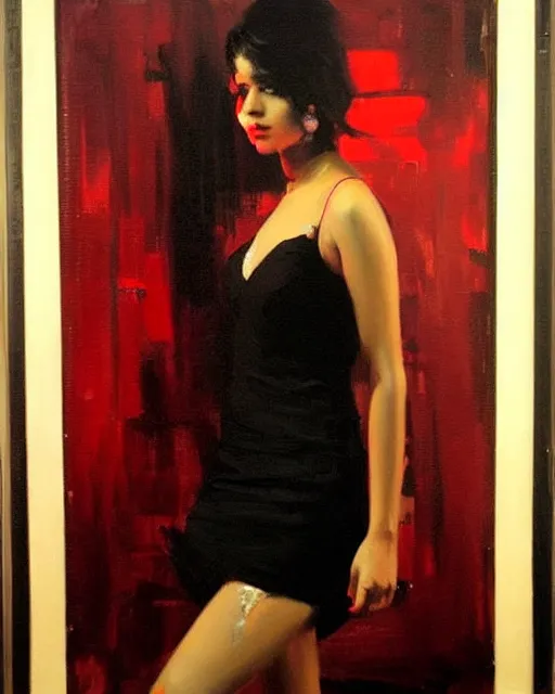 Image similar to beautiful portrait painting an gorgeous delhi girl wearing a little black dress at a nightclub, red lighting, oil painting, art by ruan jia