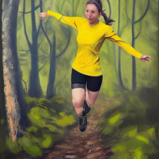 Image similar to a female orienteer wearing a yellow long - sleeved shirt and black tights runs in the forest, oil on canvas, trending on artstation.