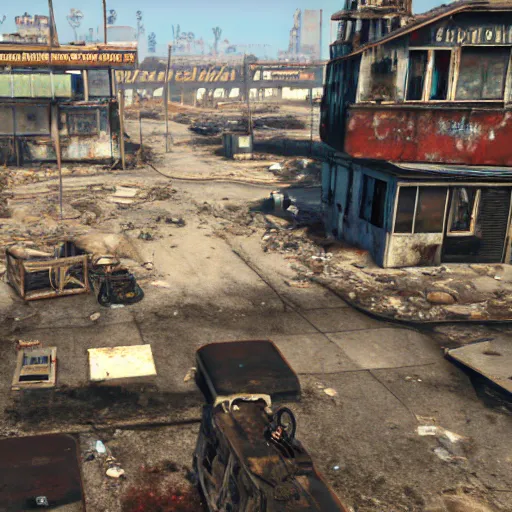 Prompt: Venice Beach in ruins post-nuclear war in Fallout 4, in game screenshot