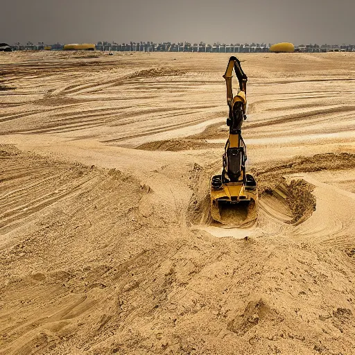 Image similar to in the distance, in the center of a large sandy quarry, a large golden ball lies in the sand, a broken excavator and a man in military uniform standing nearby, stylization is a grainy photo, high quality, depth of sharpness, emphasis and focus on the golden ball