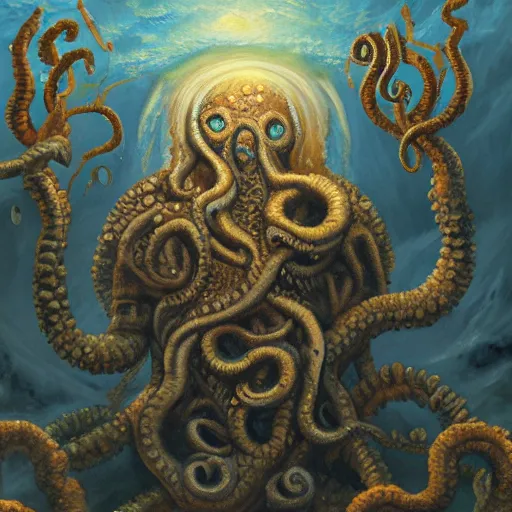 Prompt: lovecraftian old god with the hunting ground of everdreams oil painting. oil on canvas. award winning. dramatic. trending on artstation 8 k