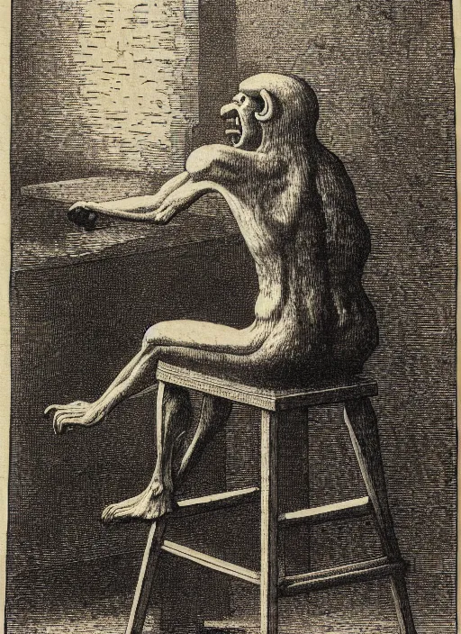 Image similar to elmo sits on a stool, demon from the dictionarre infernal, etching by louis le breton, 1 8 6 9, 1 2 0 0 dpi scan, ultrasharp detail, clean scan