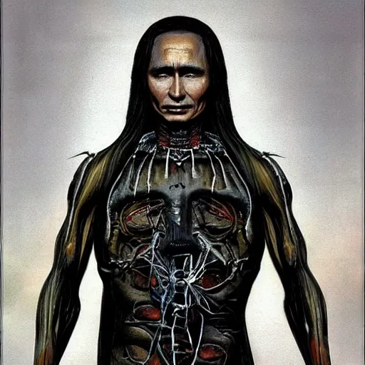 Image similar to stupid idiot degraded retard vlad putin photo - realistic, color image, hyper realistic, 2 k, highly detailed, occult art, by giger, fractal structure