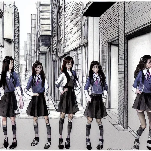Image similar to a perfect, realistic professional digital sketch of a Japanese schoolgirls posing in a sci-fi alleyway, style of Marvel, full length, by pen and watercolor, by a professional American senior artist on ArtStation, a high-quality hollywood-style sketch, on high-quality paper
