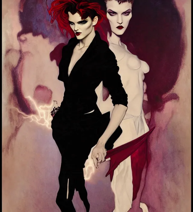 Image similar to stunning portrait of highly details androgynous ruby rose as desire from sandman, rockabilly style, by ego shield, by alphonse mucha, by jeremy mann, by peter lindbergh, dave mckean, by maurice sapiro, by frank moth, white suit and black tie, soft lightning, high detailed, 8 k